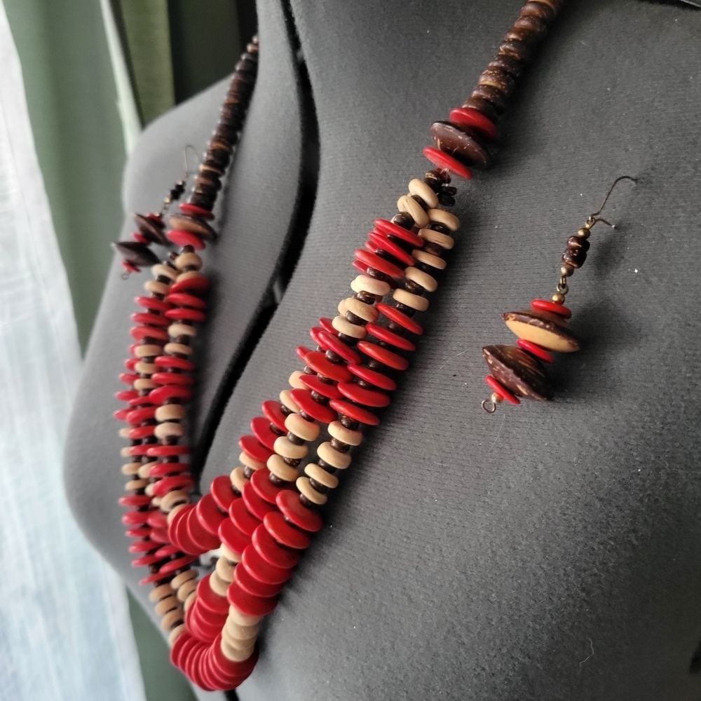 Elegant Red and Brown‎ Wood Beaded Necklace and Earring Set